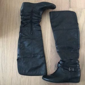 Black leather wedge boots